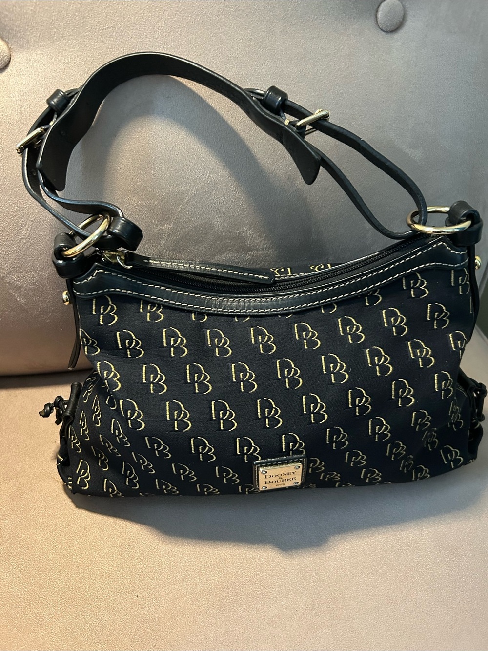 Dooney & Bourke Black and Gold Logo Hobo Shoulder Bag